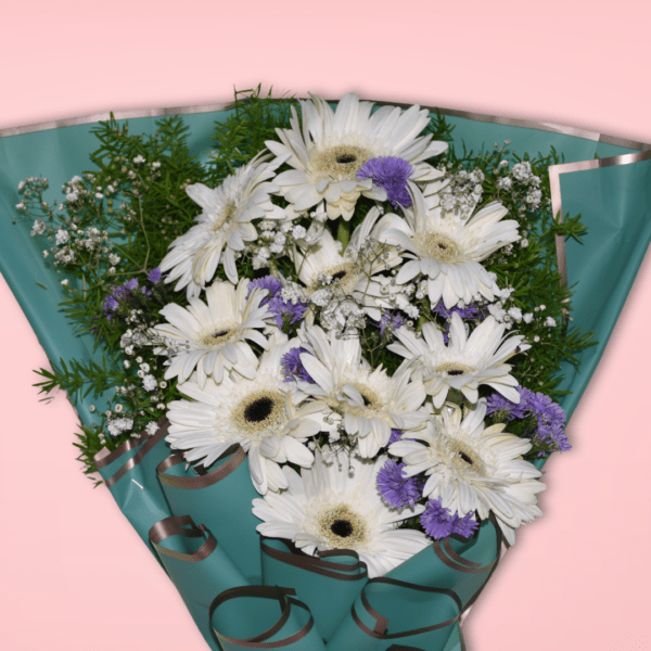 Elegant flower bouquet with white gerbera and purple accents