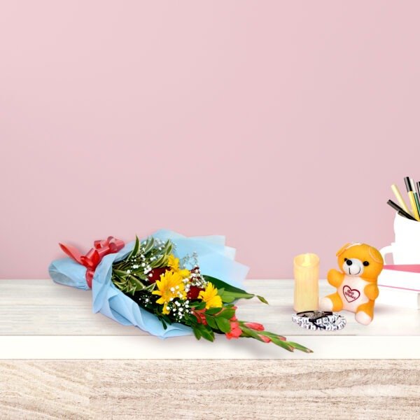 Colorful mixed flower bouquet with Gerberas, roses, gladioli, and baby's breath