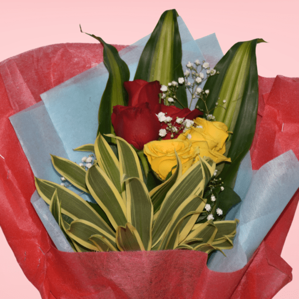 Colorful red and yellow rose bouquet wrapped in red and blue paper