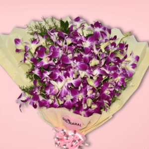 Purple orchid bouquet in cream wrapping with pink ribbon