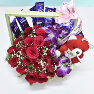 Exquisite Flower Basket with Red Roses and Cadbury Dairy Milk