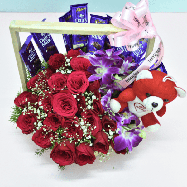 Exquisite Flower Basket with Red Roses and Cadbury Dairy Milk