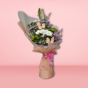 A beautiful bouquet featuring a variety of vibrant flowers, including roses, chrysanthemums, and baby's breath, wrapped in soft pastel paper and tied with a pink ribbon.