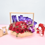 Exquisite Flower Basket with Red Roses and Cadbury Dairy Milk