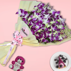 Purple orchid bouquet in cream wrapping with pink ribbon