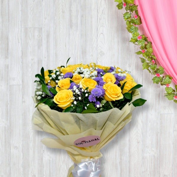 Gulmahal bouquet with yellow roses and purple flowers in cream wrapping