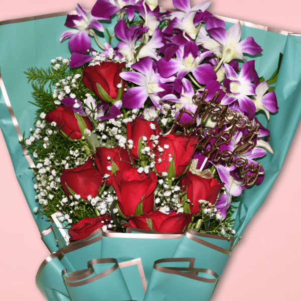 Mixed flower bouquet with red roses and purple orchids in teal wrapping