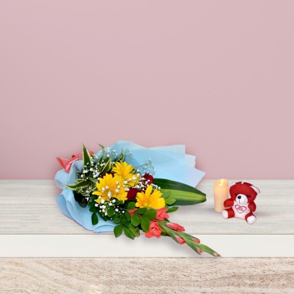 Colorful mixed flower bouquet with Gerberas, roses, gladioli, and baby's breath