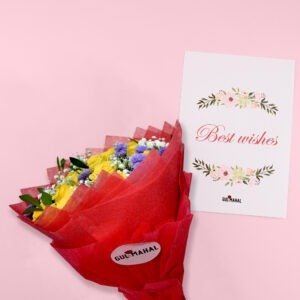 Colorful flower bouquet with yellow roses and purple flowers in red wrapping, Gulmahal brand, on pink background