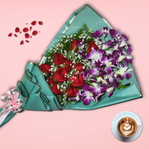 Mixed flower bouquet with red roses and purple orchids in teal wrapping