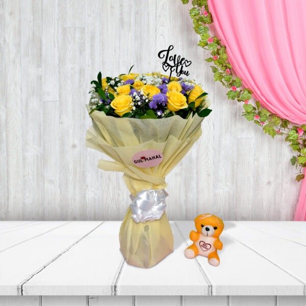 Gulmahal bouquet with yellow roses and purple flowers in cream wrapping