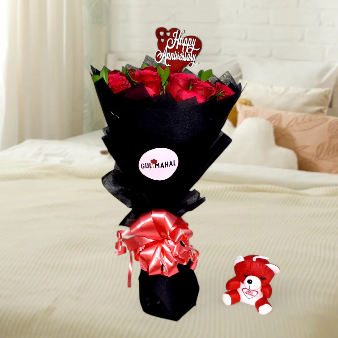 Bold Red Rose Bouquet wrapped in Black paper (2)