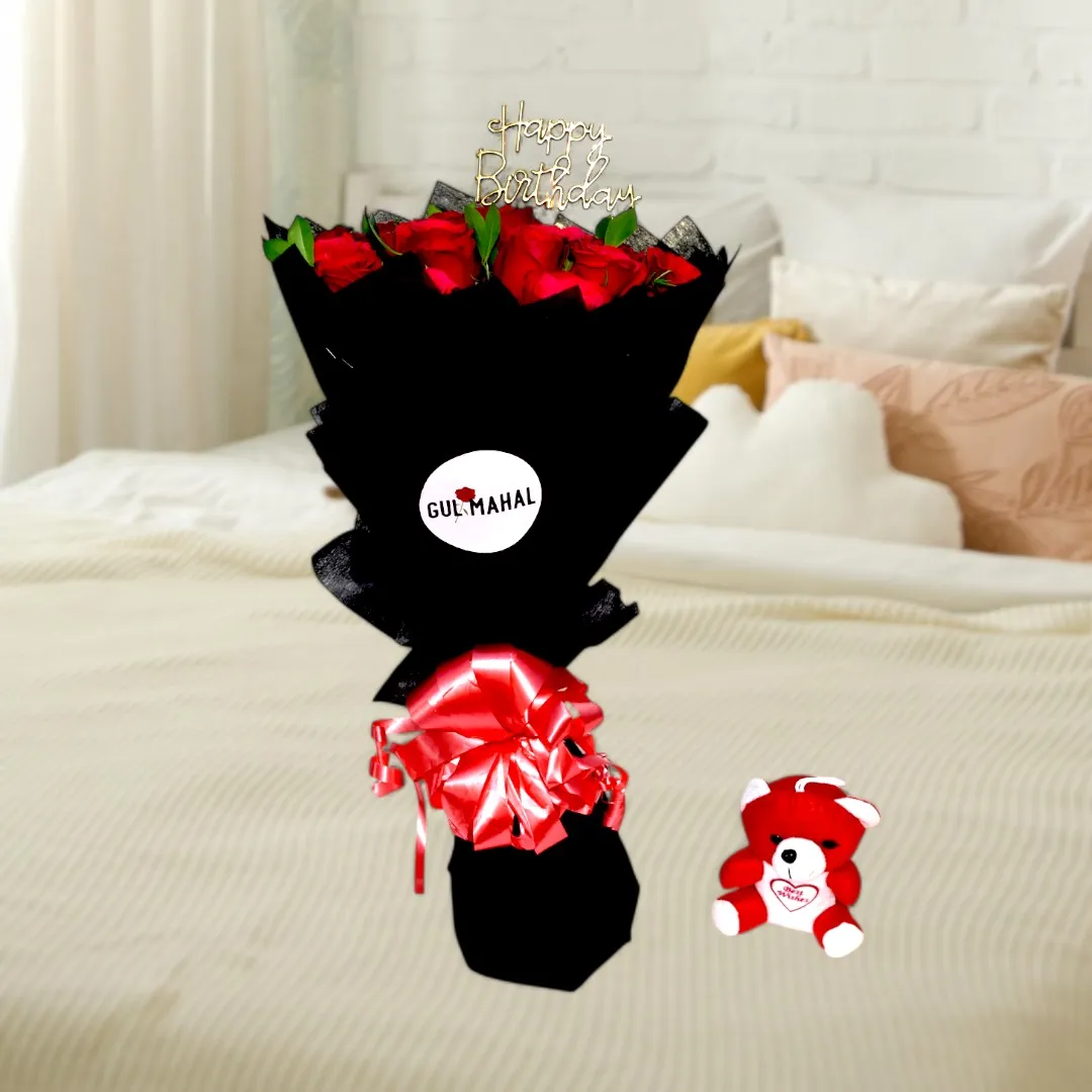 Bold Red Rose Bouquet wrapped in Black paper - 3