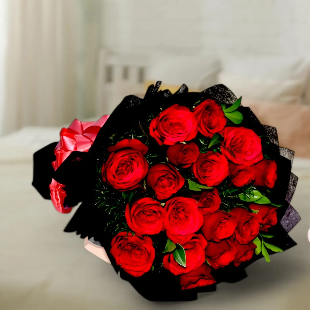 Bold Red Rose Bouquet wrapped in Black paper - 5