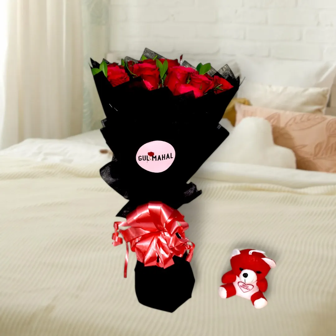 Bold Red Rose Bouquet wrapped in Black paper