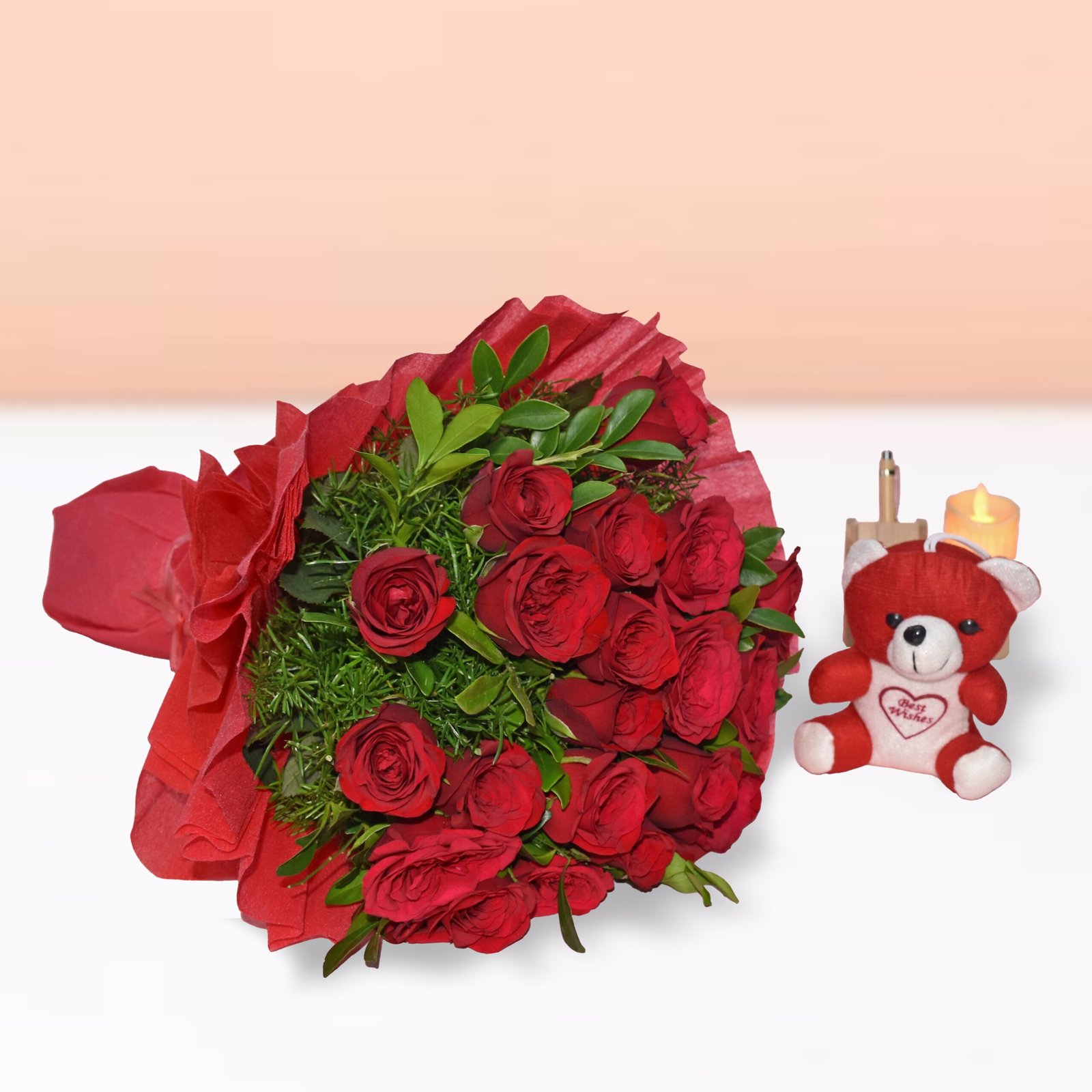 Luxurious bouquet of 20 red roses with green foliage in red wrapping