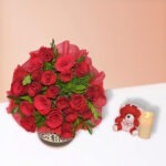 Luxurious bouquet of 20 red roses with green foliage in red wrapping