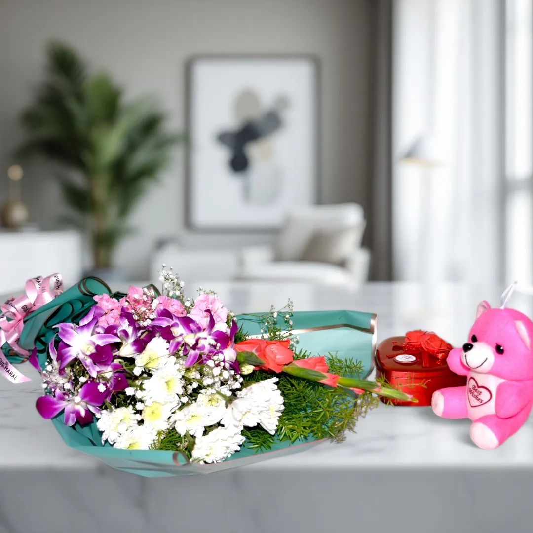 Pink Carnation, White Chrys, Orchids, and Glads Bouquet - 1