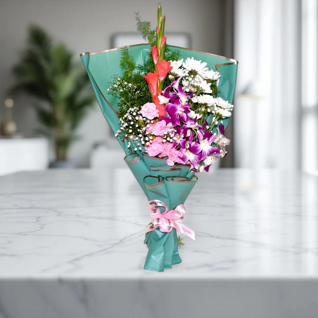 Pink Carnation, White Chrys, Orchids, and Glads Bouquet - 2