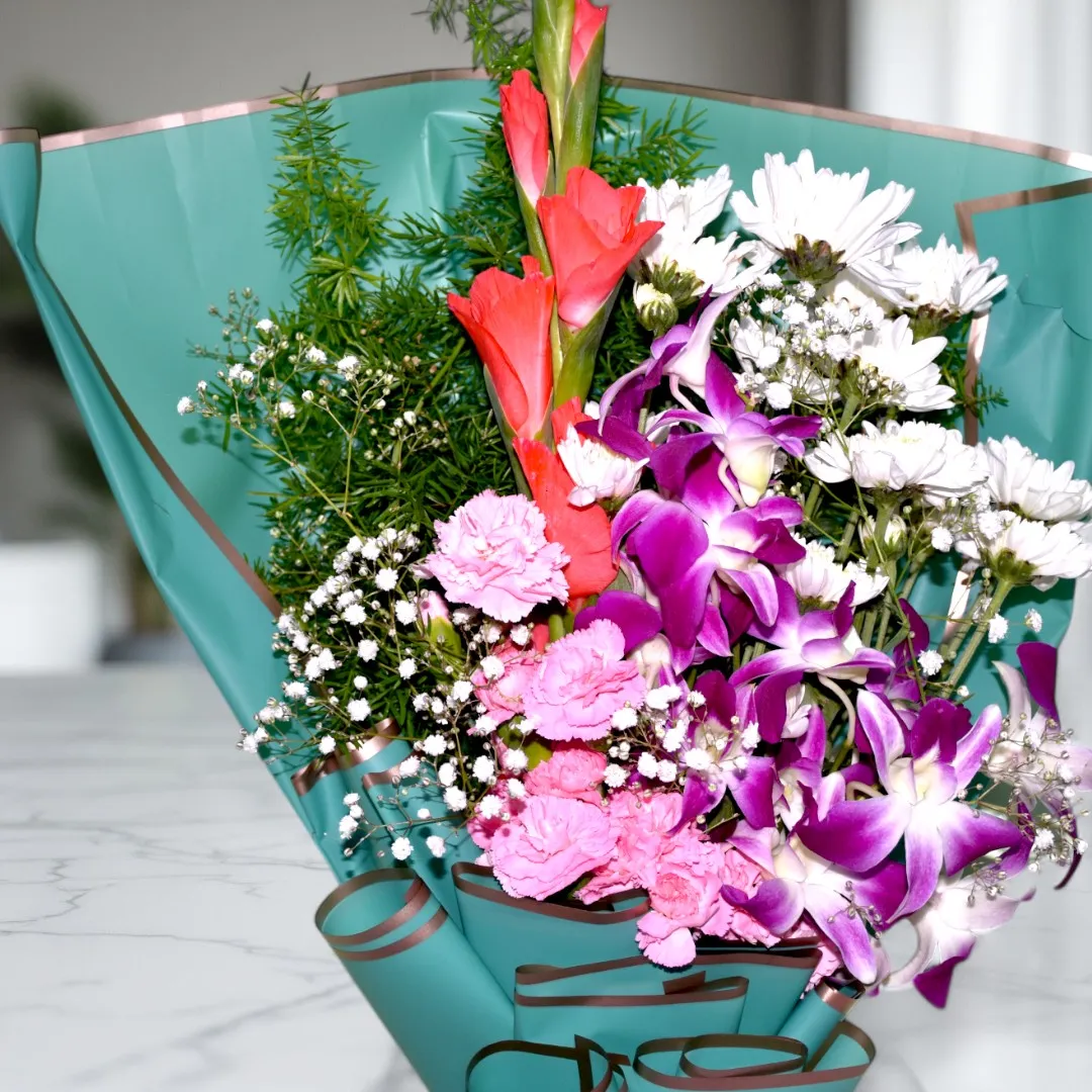 Pink Carnation, White Chrys, Orchids, and Glads Bouquet - 4