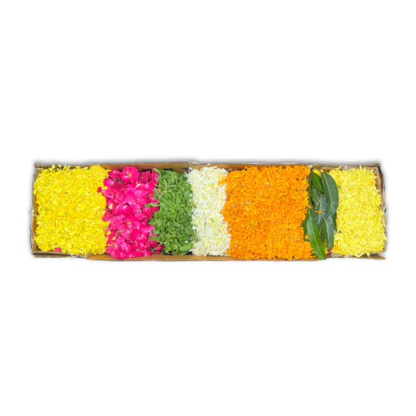 Flower Rangoli box with a choice of 7 colours/flowers from orange and yellow marigold, red, orange and pink roses, white chamanti, Holy basil leaves, and Mango leaves.