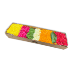 Flower Rangoli box with a choice of 6 colours/flowers from orange and yellow marigold, red, orange and pink roses, white chamanti, Holy basil leaves, and Mango leaves.