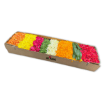 Flower Rangoli box with 8 colours - orange and yellow marigold, red, orange and pink roses, white chamanti, Holy basil leaves, and Mango leaves.