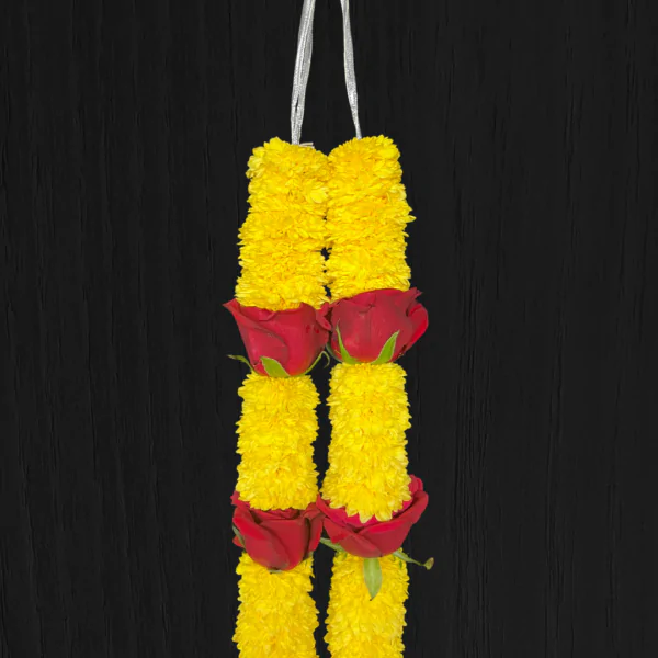 Yellow Chamanti and Red Rose pooja garland