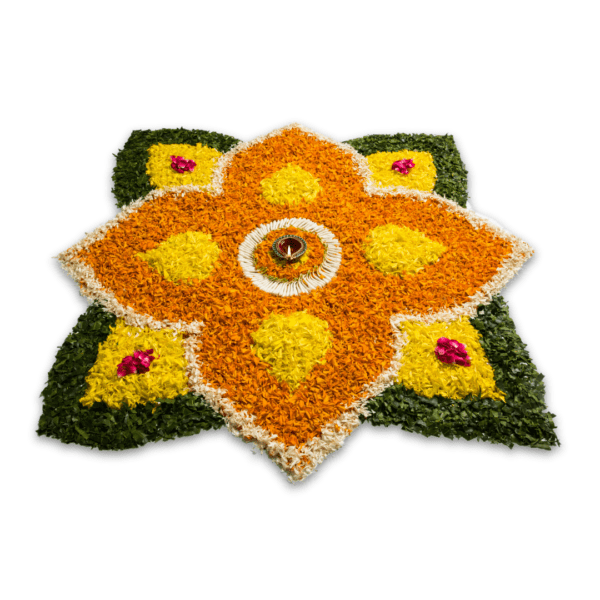 beautiful flowr rangoli design made from orange and yellow marigold, rose, white chamanti, and green leaves.