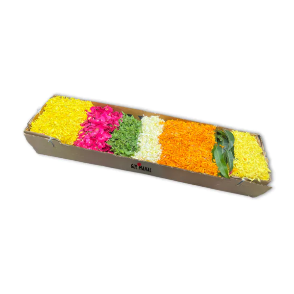 Flower Rangoli box with a choice of 7 colours/flowers from orange and yellow marigold, red, orange and pink roses, white chamanti, Holy basil leaves, and Mango leaves.