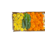 Flower Rangoli box with a choice of 7 colours/flowers from orange and yellow marigold, red, orange and pink roses, white chamanti, Holy basil leaves, and Mango leaves.