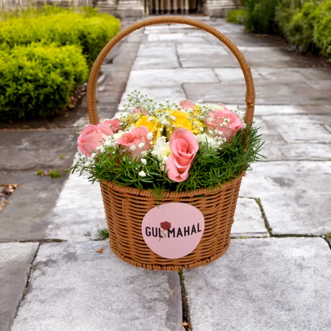 Buy Pink & Yellow Rose Flower Basket online at best prices