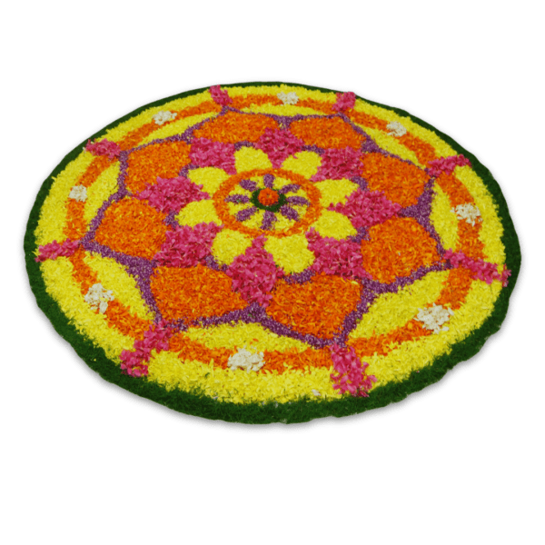 beautiful rangolix made from orange and yellow marigold, pink roses, white chamanti, and green leaves