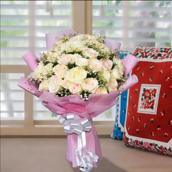 Light Peach (Semi-White) Roses Boquet - Order online in India