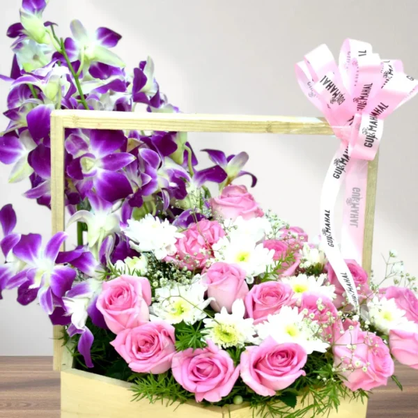 Pink Rose & Orchid Flower Basket - 1