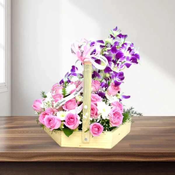 Pink Rose & Orchid Flower Basket - 3