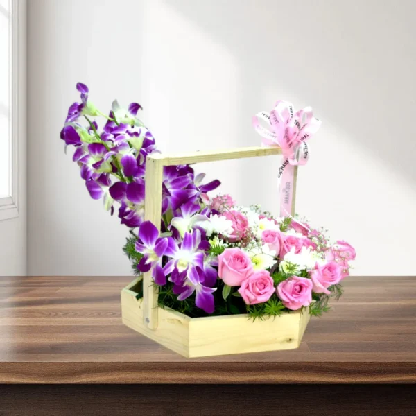 Pink Rose & Orchid Flower Basket - 4