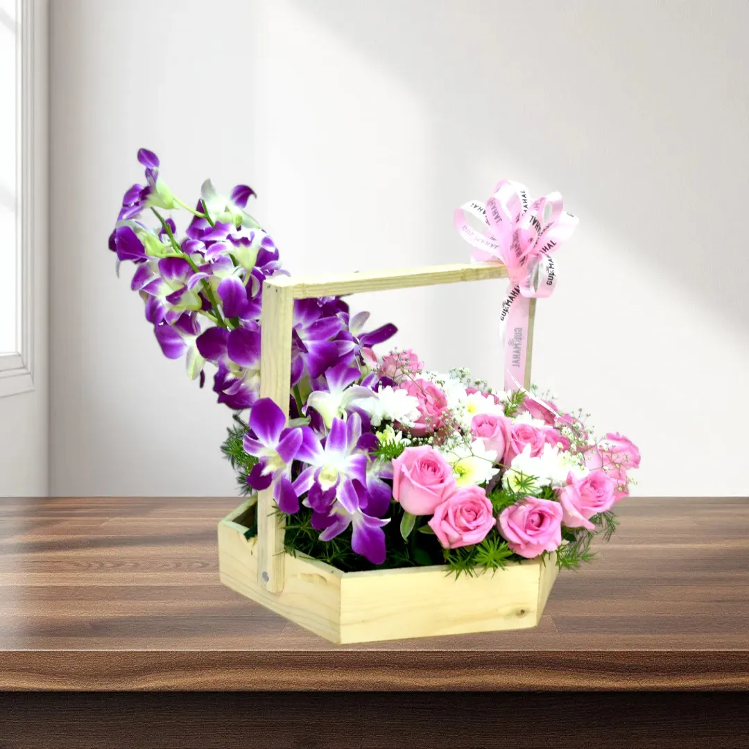 Pink Rose & Orchid Flower Basket - 4