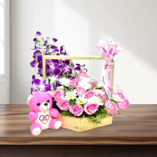 Pink Rose & Orchid Flower Basket - 5