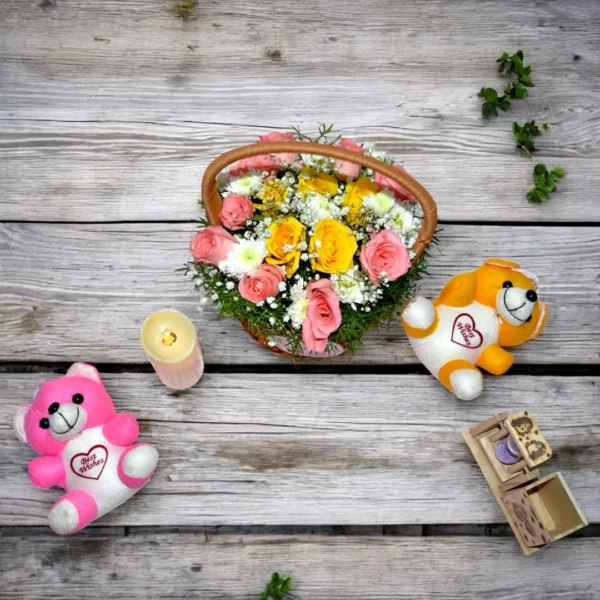 Pink & Yellow Rose Flower Basket online at best prices