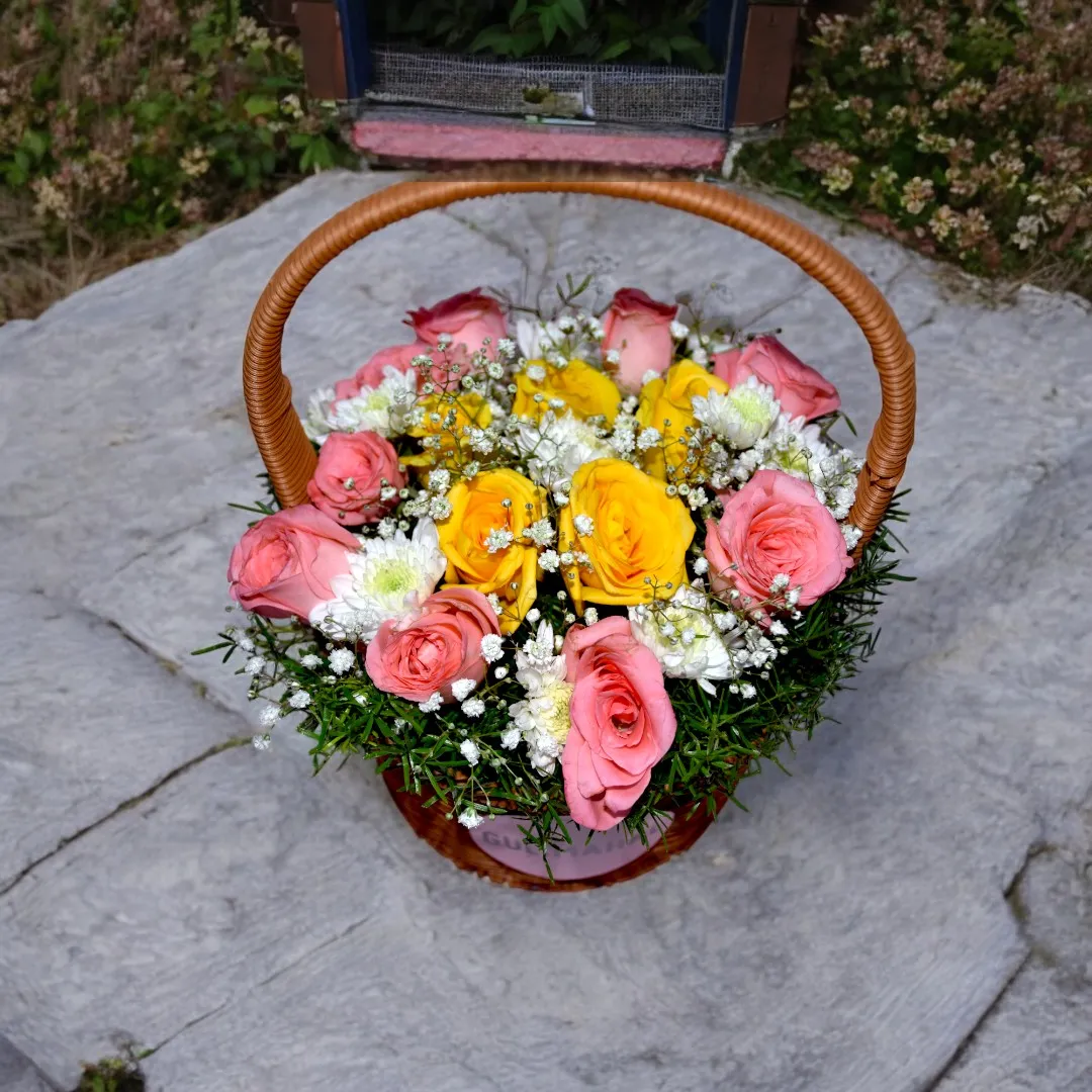 Pink & Yellow Rose Flower Basket