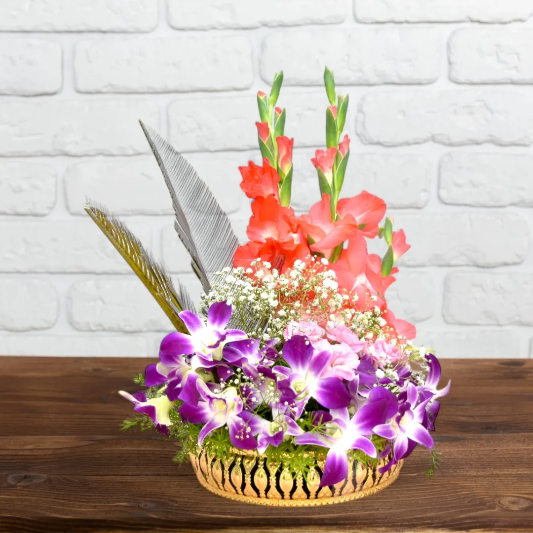 Purple Orchids & Orange Glads flower basket - 1