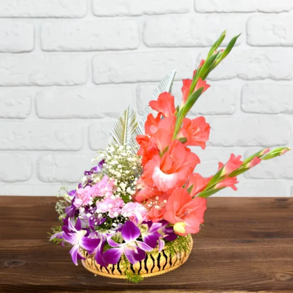 Purple Orchids & Orange Glads flower basket - 2