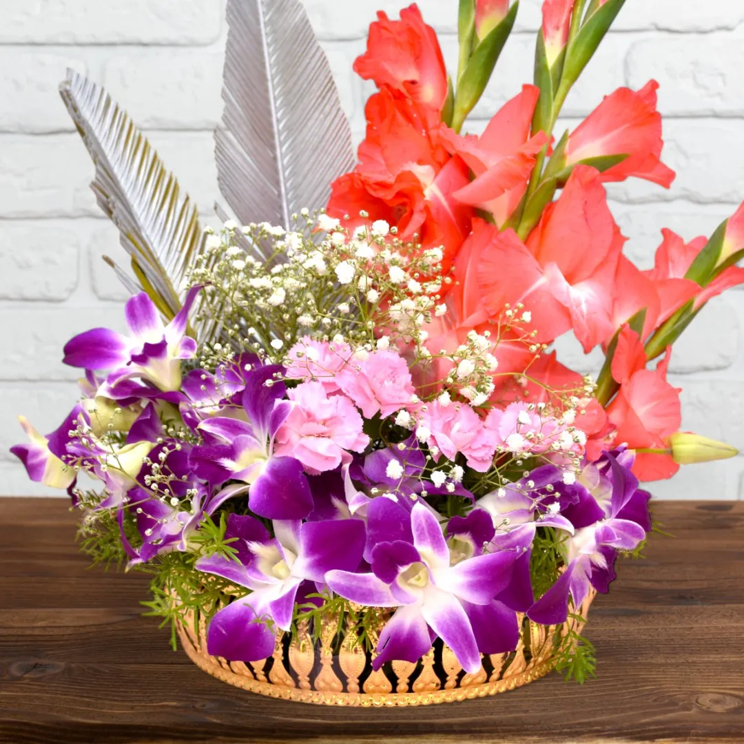 Purple Orchids & Orange Glads flower basket - 3