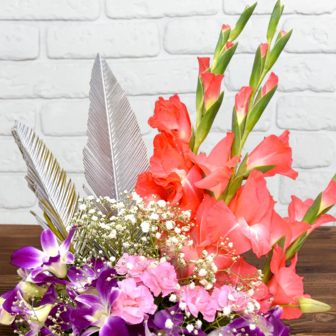 Purple Orchids & Orange Glads flower basket - 4