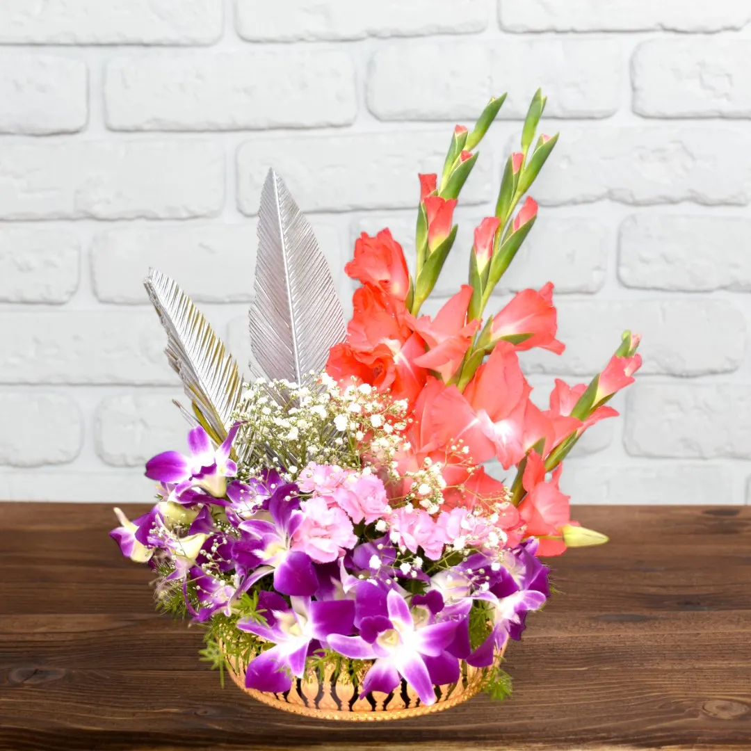 Purple Orchids & Orange Glads flower basket - 5