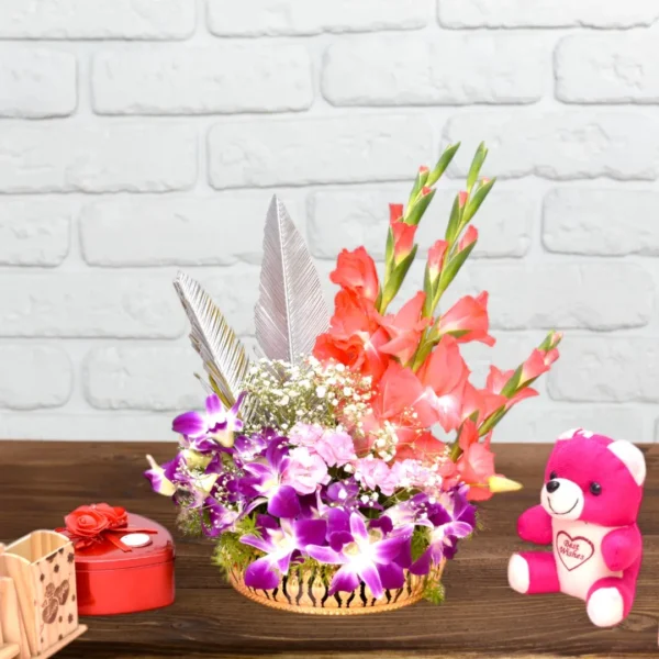 Purple Orchids & Orange Glads flower basket - 6