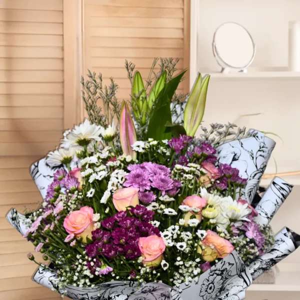 bouquet featuring roses, lilies, and chrysanthemums - 4