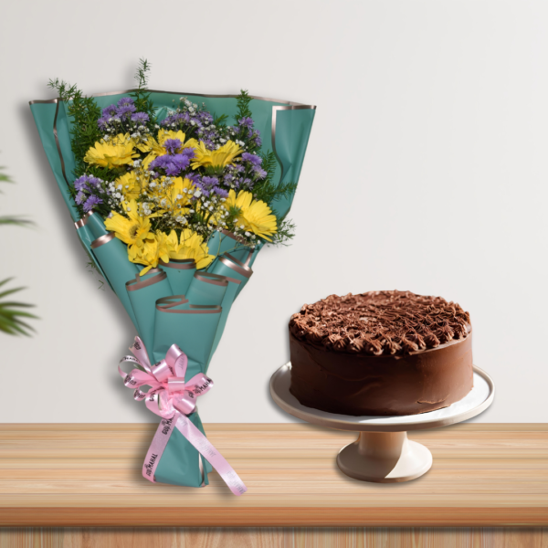 Yellow Gerbera bouquet & chocolate cake combo