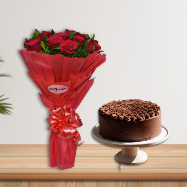 Red rose bouquet & chcolate cake